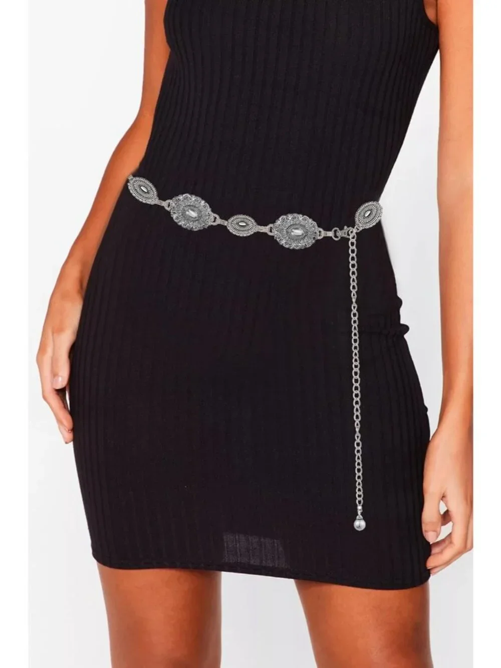 Women's Black Silver Metal Belt Concho Belt Cowgirl Boho Vintage Chain Belt